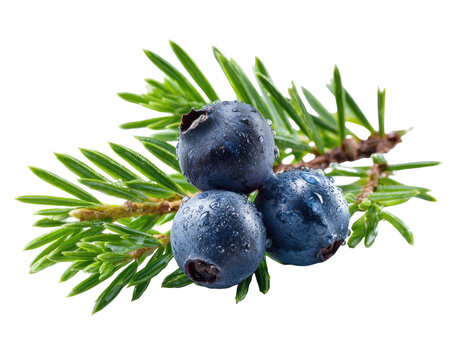 Close-up of juniper berries on a sprig of evergreen