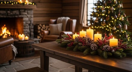Festive Christmas scene with candles, tree, and fireplace creating a warm, cozy atmosphere.