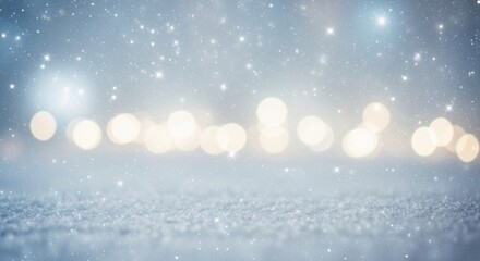 Blurred winter background with snow and bokeh lights, festive atmosphere.