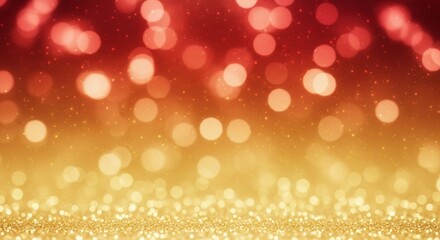 Blurred background with golden glitter and red bokeh lights, creating a festive and dreamy atmosphere.