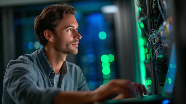 A data center technician under stark green light manages server virtualization hyper realistic scripts glowing on a PC moody shadows on server racks bold colors in network pro