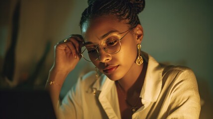 Young woman with braided hair working late, removing glasses