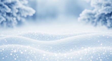 Snowy landscape with snow-covered ground and trees in the background.
