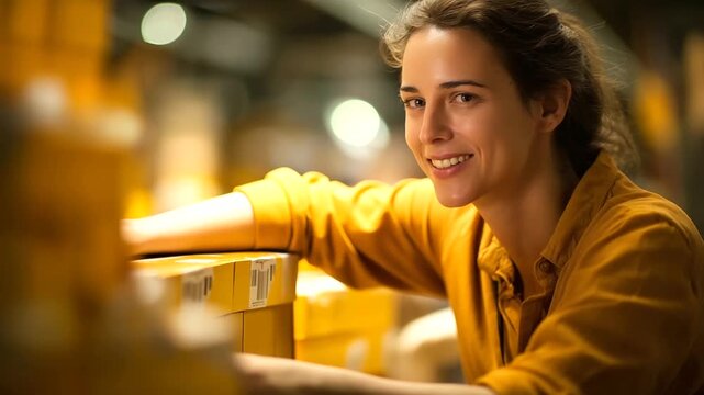 A warehouse worker with an impairment under bold yellow light organizes inventory in a cozy supply room hyper realistic boxes glowing with labels moody shadows on shelves brig