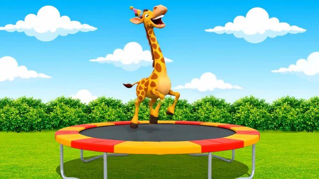 Cartoon giraffe bouncing on a trampoline under a blue sky and white clouds