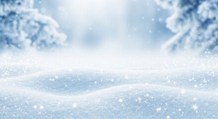Snowy winter landscape with snow-covered ground and trees in the background.