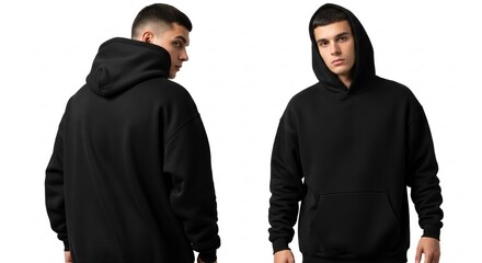 Two views of a man wearing a black hoodie against a white background.
