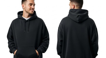 Front and back view of a man wearing a black hoodie with his hands in the pockets.