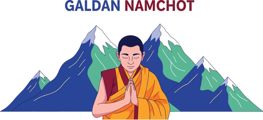 Obraz premium Galdan Namchot vector illustration of a monk praying in front of mountains