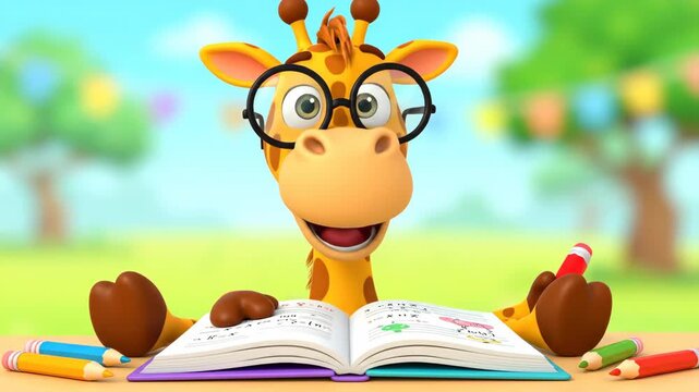 Cartoon giraffe writing and reading with glasses and pencil educational concept