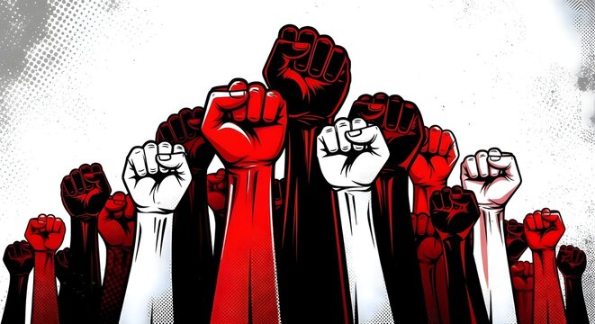 ​A powerful and large-scale illustration depicting a crowd of multiple fists raised high in the air, symbolizing protest, revolution, collective power, and resistance. The fists are stylized using