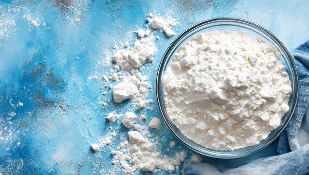 White titanium dioxide powder is displayed on a glass plate set against a blue backdrop, with calcium carbonate and magnesium nearby