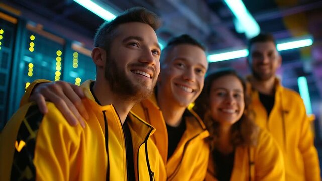 A cheerful data center engineering team under bold yellow light manages server virtualization hyper realistic scripts glowing moody shadows on server racks bright colors in