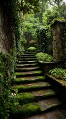 Moss covered stone staircase ascending through a lush verdant garden oasis
