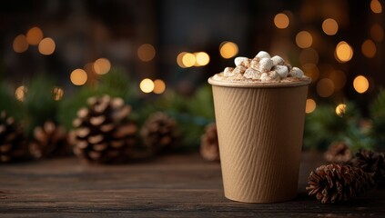 Festive and holiday mood is captured in a paper cup of hot chocolate topped with fluffy marshmallows, a truly tasty drink