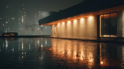 Fototapeta premium A modern building at night with empty brick floor in front and a distant road in the background, illuminated with soft ambient lights, photorealistic and cinematic.