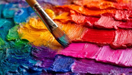 A colorful palette supports a paintbrush that has been dipped in thick oil paint, highlighting the rich textures of green pigments