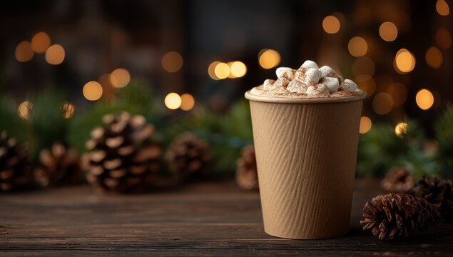 Festive and holiday mood is captured in a paper cup of hot chocolate topped with fluffy marshmallows, a truly tasty drink