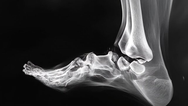 A clear representation of human foot anatomy reveals bones and joints through X-ray. This detailed imaging highlights important structures for medical analysis.