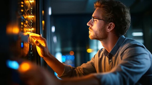A system admin in a data center under vivid amber light oversees server virtualization hyper realistic scripts glowing on a monitor moody shadows on server racks bold colors