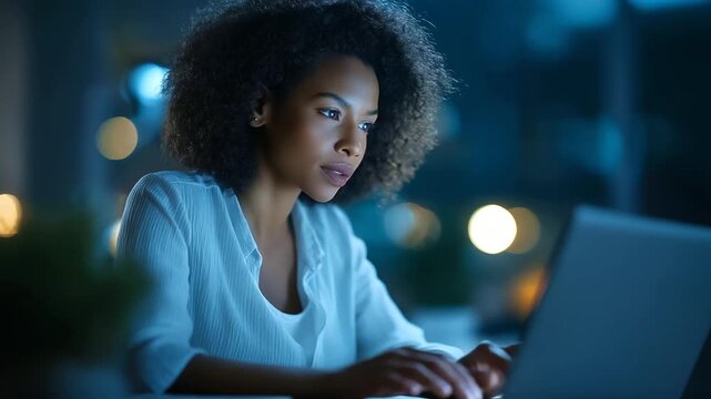 A self employed Black woman under vibrant cyan light manages her business platform on a laptop hyper realistic financial files glowing moody shadows in a cozy home office bold