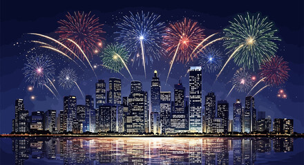 A vibrant cityscape illuminated by a dazzling fireworks display over a reflective body of water at night.