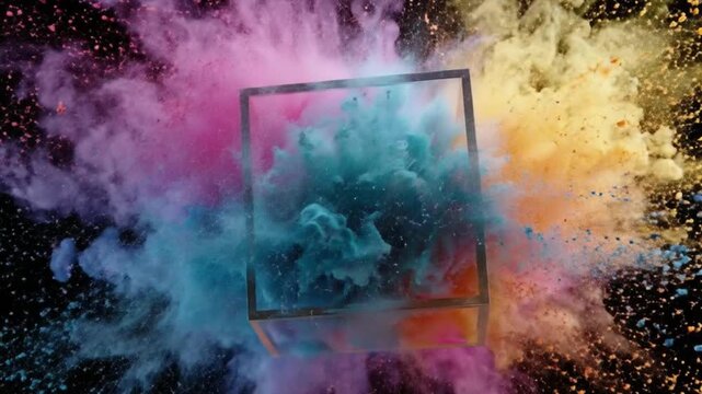 (Creative concept - Colorful smoke and particles explosion around a geometric cube.)