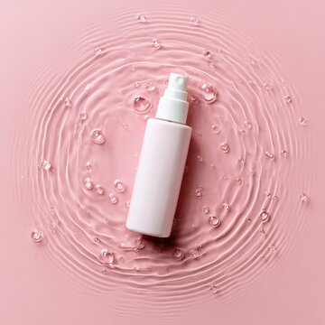 The scene shows a minimalist white bottle filled with shampoo or shower gel, placed on a light pink water surface with subtle ripples