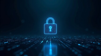 Digital Security: Wireframe Padlock and Binary Code Flow