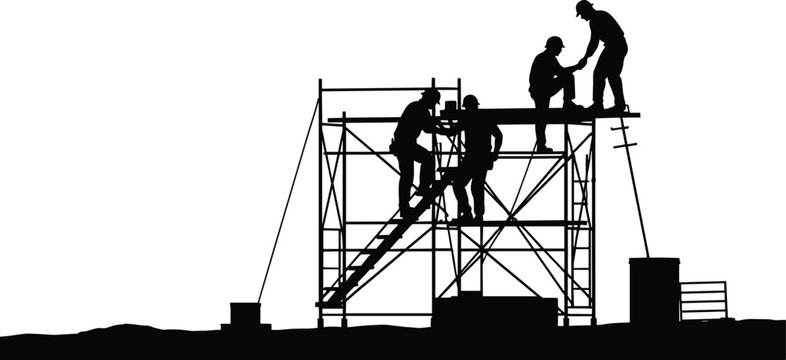 Construction workers silhouette, scaffold teamwork, ladder access, industrial labor, safety gear, black and white illustration, building process, elevated work, site activity