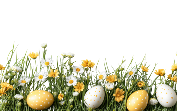 Easter eggs nestled among daisies and grass