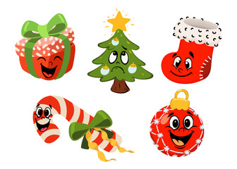 Cartoon doodle set of items with emotions for Christmas and New Year.