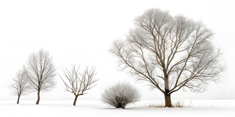 Bare winter trees covered in frost on a white background