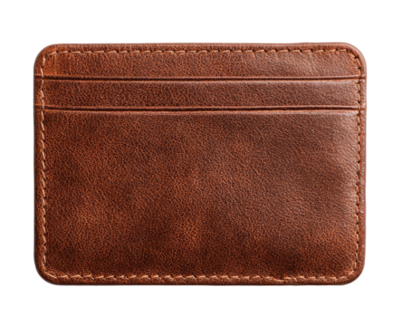 Close-up of a brown leather cardholder.  It's rectangular, with stitched edges and slots for cards