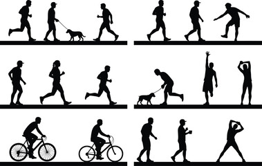 Physical activity silhouettes, walking running cycling stretching, daily movement, fitness routine, black and white illustration, outdoor exercise, health lifestyle, human figures