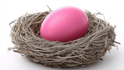 Fototapeta premium A pink Easter egg that has been painted is sitting in a tiny nest made from natural materials, set against a plain white background and illuminated by soft daylight