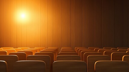 Obraz premium Warm and Inviting Empty Auditorium with Wooden Chairs Under Soft Light for Events and Gatherings