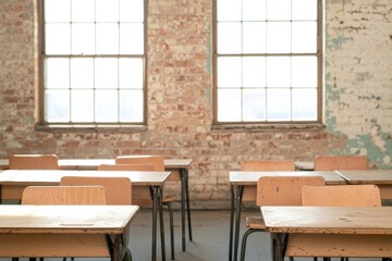 Rustic Classroom with Wooden Desks and Natural Light Streaming Through Large Windows in an Industrial Setting