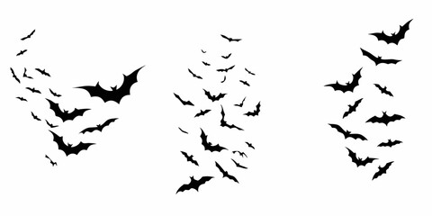 A swarm of silhouetted bats flying in three groups against a white background