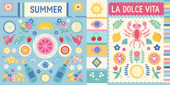 Vibrant summer collection of fruits flowers and beach elements with la dolce vita text