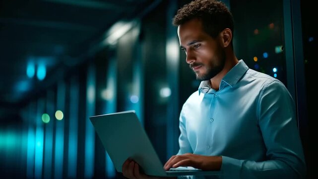 A data center engineer under stark teal light updates software for system stability on a laptop hyper realistic performance visuals glowing moody shadows on server racks bold - Powered by Adobe