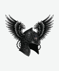 Fototapeta premium Mystical Emblem: A meticulously detailed helmet, adorned with majestic wings, symbolizing protection and valor, embodying an aura of myth and strength.
