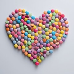 A colorful candy heart made of Smarties on a white background, viewed from above with soft lighting and a playful, cheerful mood.