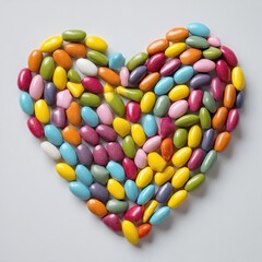A colorful candy heart made of Smarties on a white background, viewed from above with soft lighting and a playful, cheerful mood.