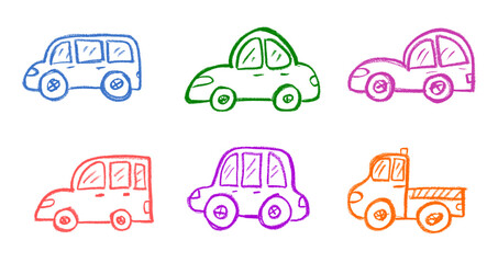 Colorful Kid Toy Car Drawing Crayon Chalk Vector Set