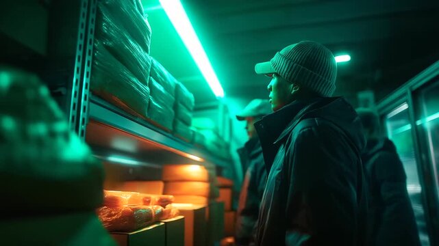 Asian workers in a storage room under stark green light organize taped boxes hyper realistic inventory visuals glowing moody shadows on shelves bold colors in packaging tools