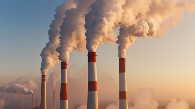 Industrial smokestacks releasing thick smoke into a colorful sunset, depicting environmental challenges and pollution concerns