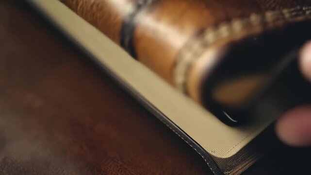 The detailed craftsmanship of a leather journal highlights its textured surface and precise stitching, radiating warmth and elegance in soft lighting.