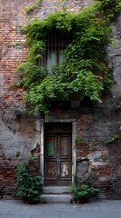 Ancient wooden door framed by lush green ivy climbing an old weathered brick wall