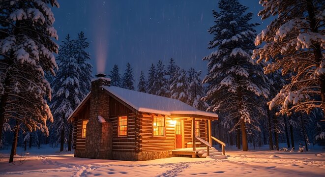 Cozy cabin nestled in a snowy forest at night with warm lights. - Powered by Adobe
